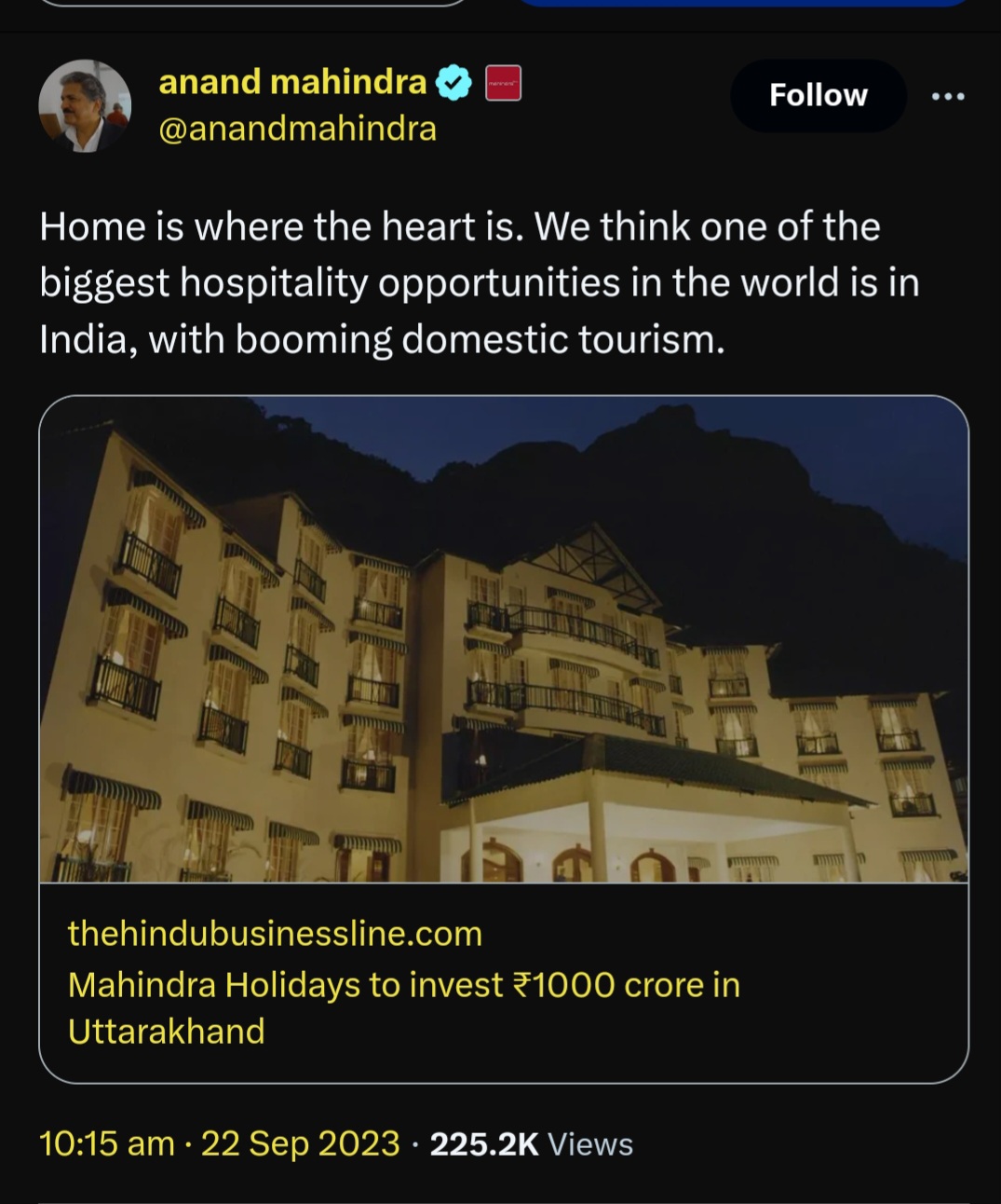 1000 करोड़ का उत्तराखंड सरकार से करार कर चुके महिंद्रा ग्रुप के चेयरमैन आनंद महिंद्रा ने कहा ‘होम इज वेयर द हार्ट इज’